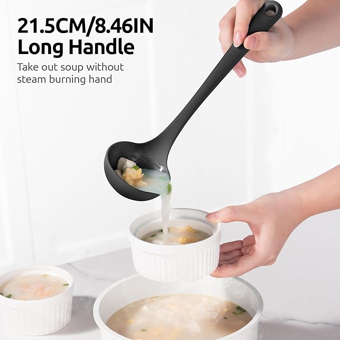 2.6oz Small Silicone Soup Ladle: U-Taste 600ºF Heat Resistant Non-Stick Kitchen Deep Serving Spoon, Soft Cooking Utensil with Non-Slip Solid Handle for Mixing Sauce Stew Gravy (11in, Black)