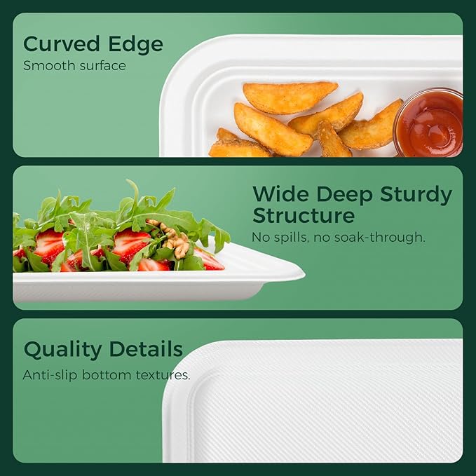 50 Pack White 14-Inch Heavy-Duty Compostable Food Trays | Extra Large Disposable Platters for BBQ, Seafood Boils, Catering & Holidays | Eco-Friendly Paper Serving Trays