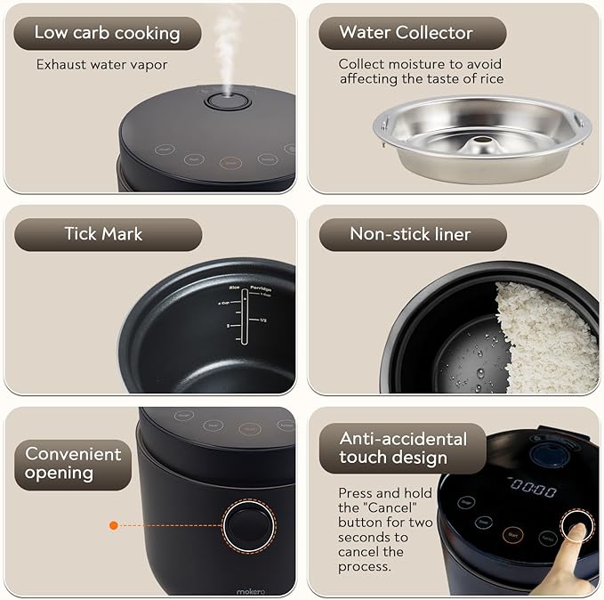 Low Carb Sugar Rice Cooker 2 Cups Uncooked and 4 Cups of Regular Cooking Small Carb Reducing Maker Rice and Grain Multi-Cooker with Stainless Steel and Nonstick Inner Pot