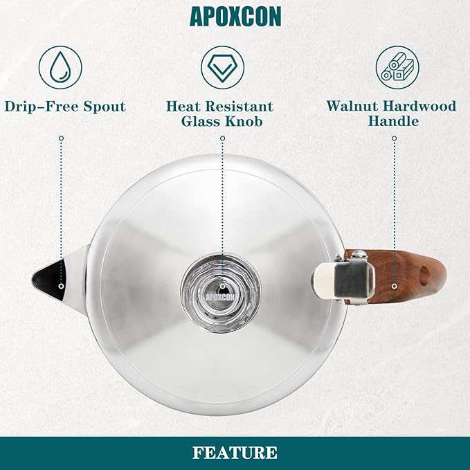 Coffee Percolator Pot Stainless Steel Coffee Maker with Tough Glass Knob & Fireproof Solid Wood Handle & Drip-Free Spout Camping Coffee Pot Using on any Stovetop NO Aluminum NO Plastic (8 Cup)