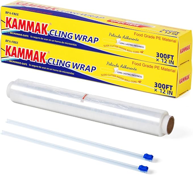 KAMMAK Plastic Wrap with Slide Cutter Food Cling Wrap 12 Inch Kitchen Cling Film BPA-Free Microwave-Safe 300 Ft Roll Food Service Film Quick Cut for Restaurant (2 Pack)