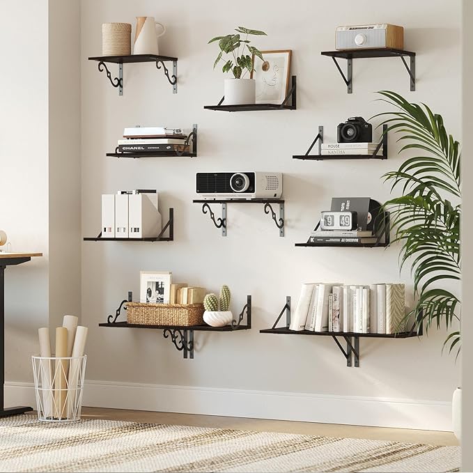 DINZI LVJ Deep Floating Shelves, 16" W x 12" D Wall Shelves Set of 2, Wide Display Shelf Wall Mounted with Brackets, Easy-to-Install Wall Bookshelf for Living Room, Bathroom, Bedroom, Espresso