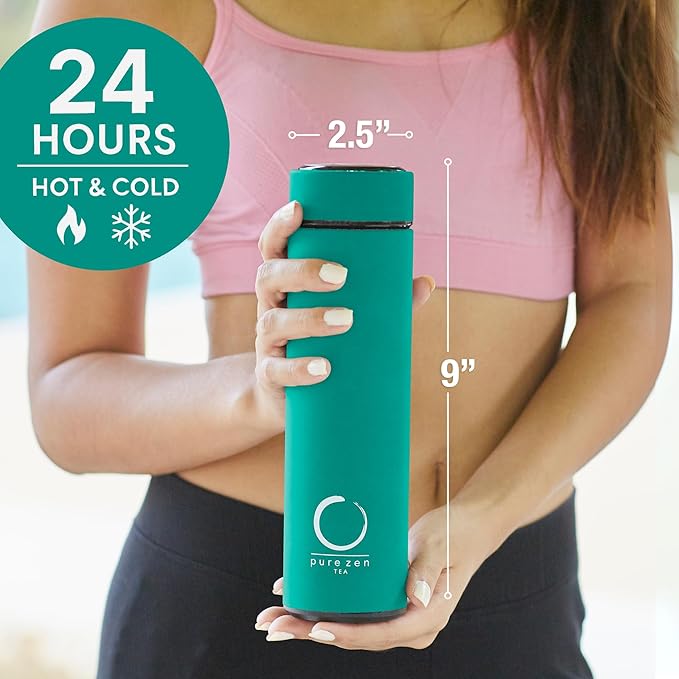 Pure Zen Tea Thermos with Infuser for Hot and Cold Infusions - Stainless Steel - Tea Infuser Bottle - Leakproof Travel Mug with Filter - 15oz