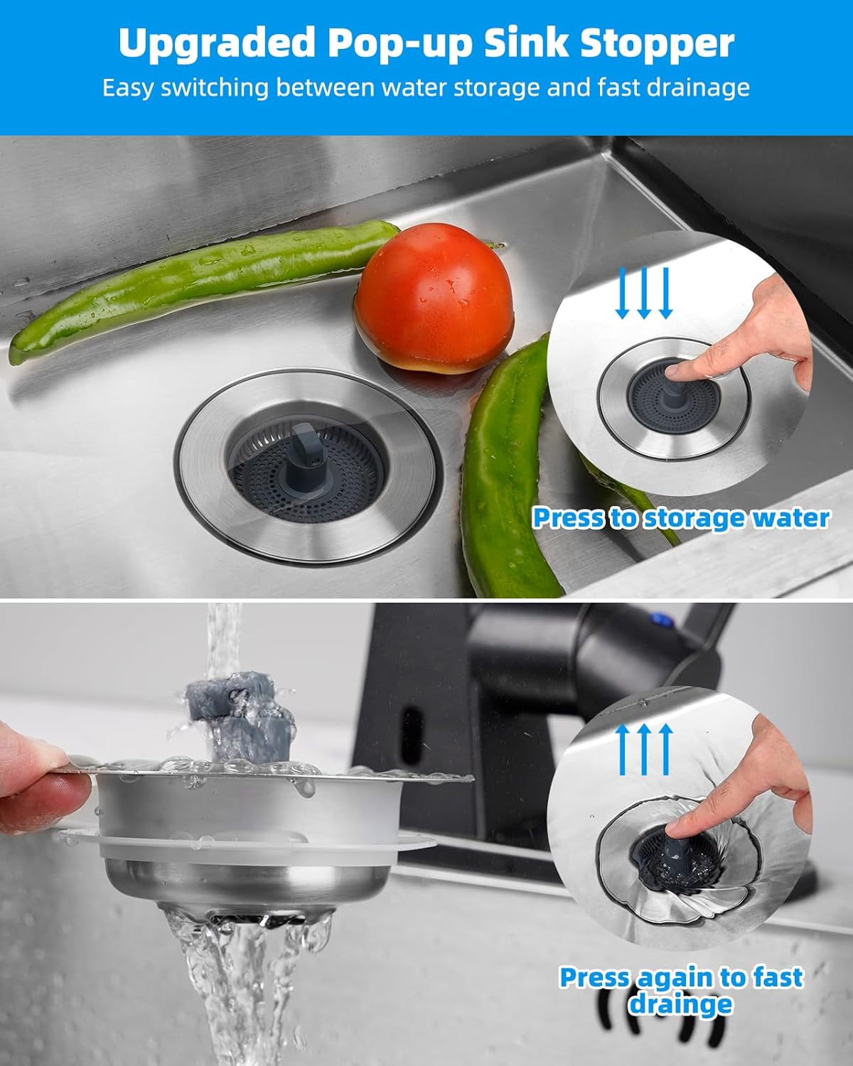Hibbent Upgraded 3 in 1 Kitchen Sink Drain Strainer and Stopper Combo, Stainless Steel Metal Pop Up Sink Stopper with Foldable Handle, 3 Anti-Clogging Baskets, Fit for US Standard 3-1/2 Inch Drain