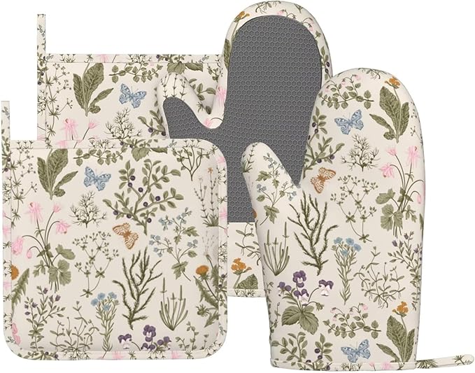 Vintage Wildflower Herbs Floral Rustic Butterfly Oven Mitts and Pot Holders Sets Silicone Kitchen Mitts Potholders Heat Resistant 4Pcs Oven Gloves Hot Pads for Kitchen Baking Cooking
