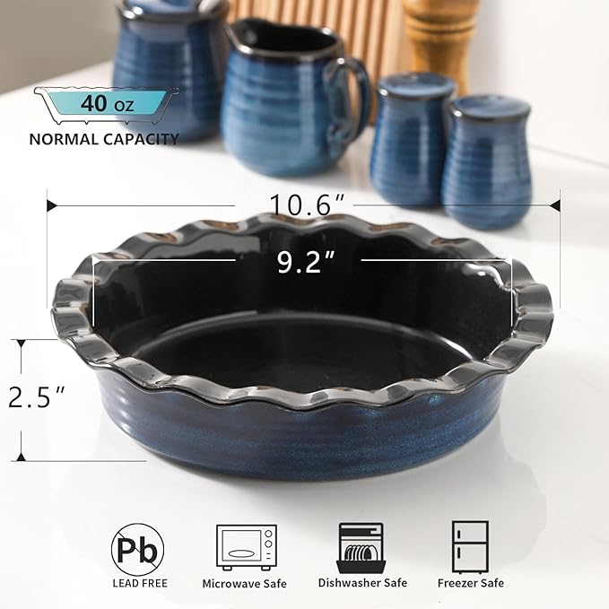 Hasense Ceramic Pie Pan for Baking 9 inch, Quiche Baking Dish for Oven, Round Nonstick Pie Plates for Apple Pie, Tart, and Quiche, Microwave & Oven Safe, Modern Blue Design