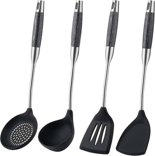 FJNATINH Silicone Wok Spatula,Turner,Ladle,Skimmer,Stainless Steel Wok Tools,Wok Utensil,Non Stick Heat-Resistant Cooking Utensils BPA Free Kitchen Utensils Cookware (Black Stainless Steel-4PCS)