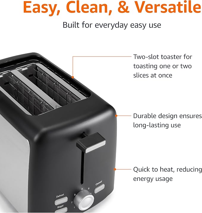 Amazon Basics 2 Slice Toaster, With 7 Browning Settings, Extra Wide Slots For Bagels and Special Breads, Removable Easy-to-Clean Crumb Trays, Cancel/Defrost/Bagel Buttons, 800W, Black & Silver