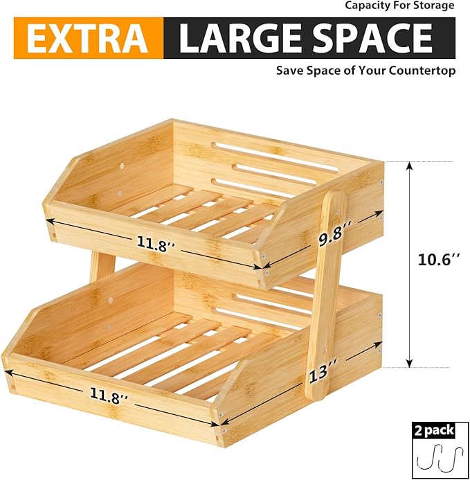 Bamboo Fruit Basket for Kitchen–2 Tier Fruit Bowl For Kitchen Counter, Large Fruit Holder With 2 Banana Hangers, Idea For Fruit and Vegetable Storage, Bread Basket, Snack Organizer(BAMBOO)