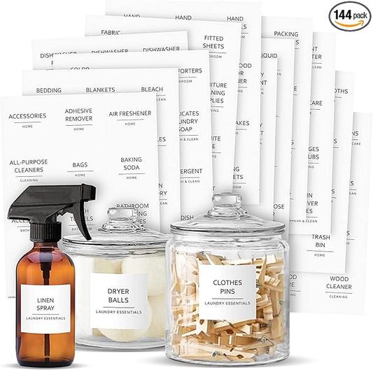 Talented Kitchen 144 Minimalist Laundry Room Labels - Preprinted Laundry Room Organization Stickers for Glass Jars, Containers, Spray Bottles (Black Print on White Matte Backing)