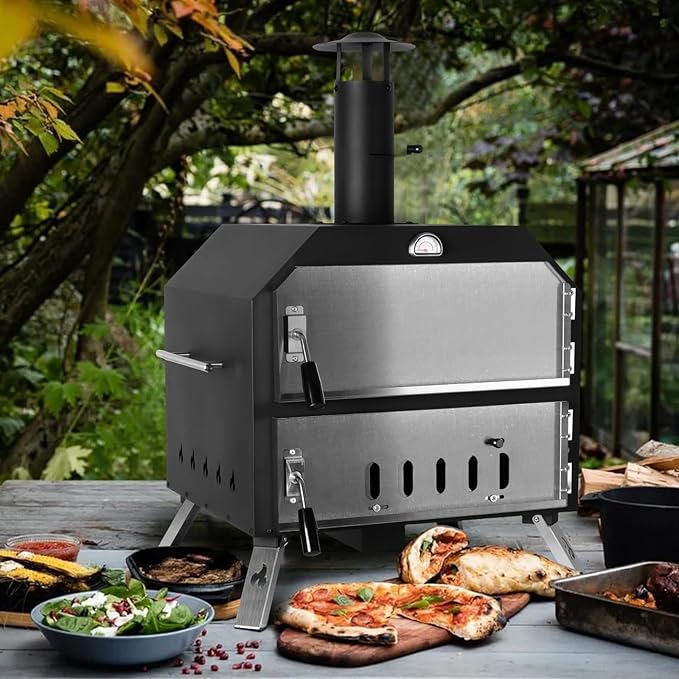 15’’ Outdoor Pizza Oven Wood Fired Pizza Oven Portable Patio Ovens Included Pizza Stone, Pizza Peel, Fold-up Legs, Cover Cooking Rack for Camping Backyard BBQ