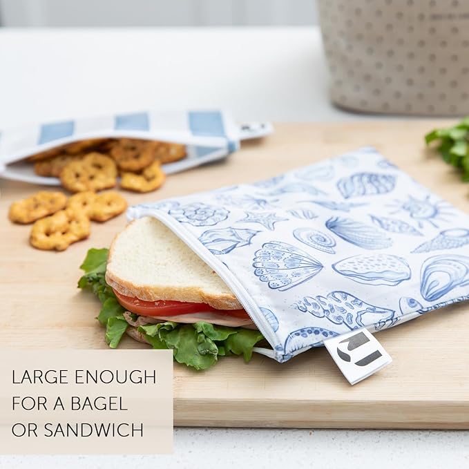 Roamio Reusable Sandwich and Snack Bags, for Kids School Lunch and for Adults Portion, Washable Fabric, Waterproof Cloth Zip Bag, Travel Pouch, Food-Safe, 4-pack Set Nautical Stripe and Blue Shells