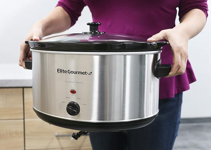 Elite Gourmet Stainless Steel Slow Cooker, Dishwasher-Safe with Tempered Glass Lid, Cool-Touch Handles, Removable Stoneware Pot, 8.5 Quart,MST-900V