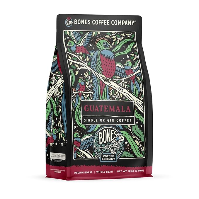 Bones Coffee Company Guatamela Single-Origin, Milk Chocolate, Citrus and Caramel Notes, Whole Coffee Beans, Low Acid Medium Roast Arabica Beans Flavored Coffee, 12 oz Whole Bean