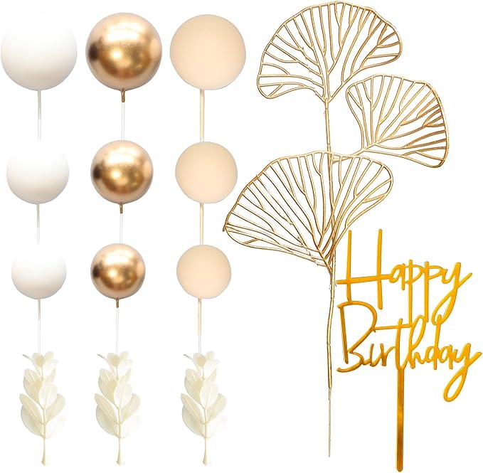 Gyufise 57Pcs Khaki Balls Cake Topper Boho Grass Cake topper Pearl Balls Acrylic Happy Birthday Cake Decorations for Wedding Baby Shower Birthday Boho Themed Party Supplies Khaki White Gold