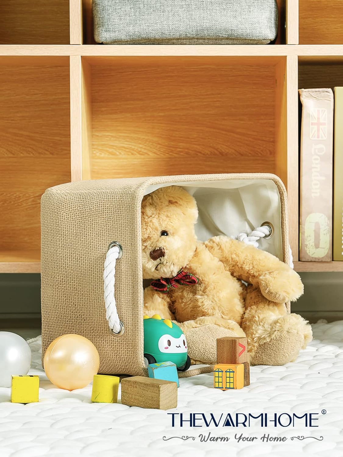 TheWarmHome Decorative Basket Rectangular Fabric Storage Bin Organizer Basket with Handles for Clothes Storage (Beige, Medium-1Pack,13.8L*9.8W*6.7H)