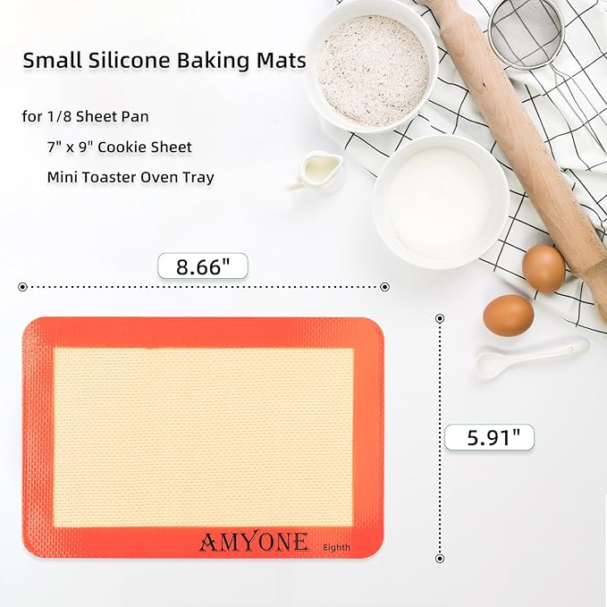 AMYONE Silicone Baking Mat for 1/8 Sheet Pan, Eighth Non-Stick Silicone Baking Sheet Liner for Cookie Macaron Bread Pastry, Food Grade Silicone Mat for 9 x 7-inch Small Toaster Oven Tray, 2 PCS