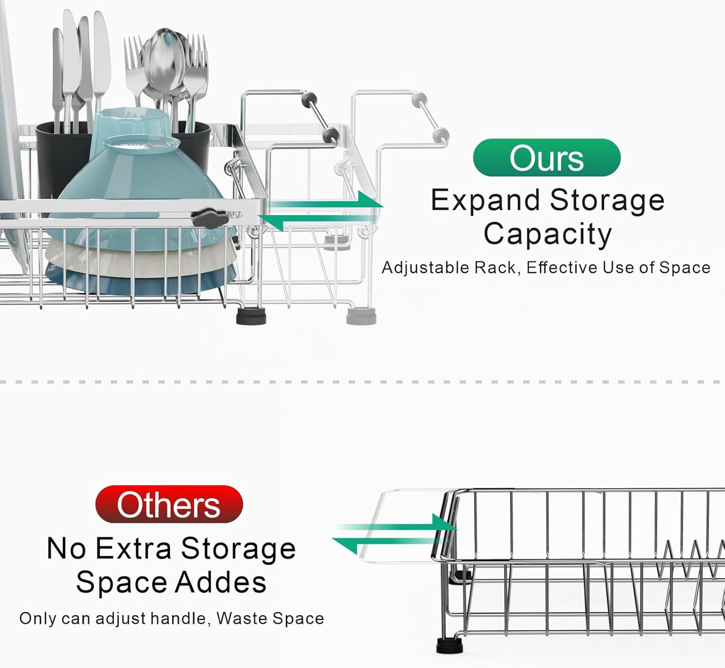 GSlife Expandable in Sink Dish Drying Rack - Stainless Steel Capacity Adjustable Over The Sink Dish Rack, Dish Drainer for Kitchen Sink Counter with Utensil Holder, 13.4"-20.5" L x 12.8" W, Silver