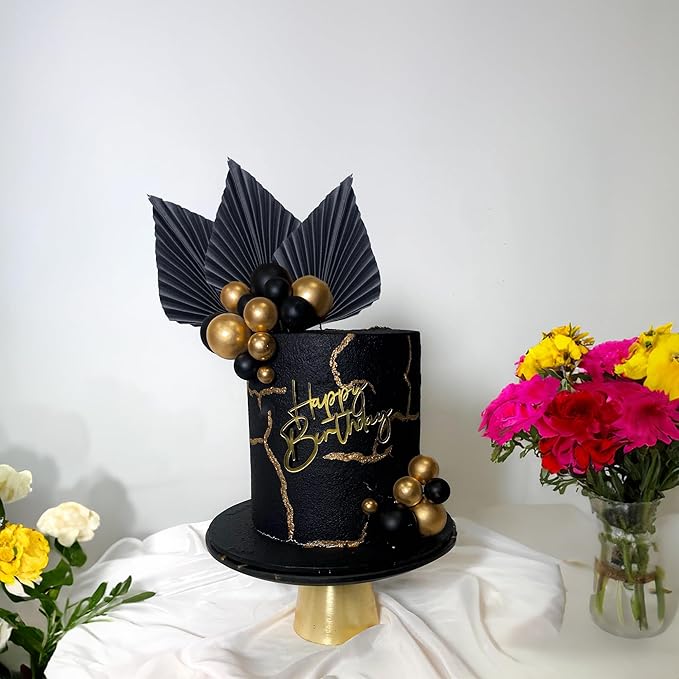 Gyufise 6Pcs Paper Palm Fan Cake Toppers Palm Spear Leaves Fan Cupcake Toppers Cake Insert Decorations Craft DIY Cake Bakeware Decoration for Birthday Party Wedding Party Decor Supplies Black