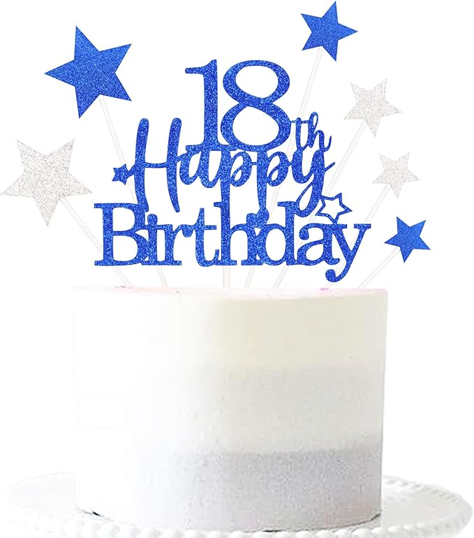 Glittery 18th Happy Birthday Cake Topper with Star,Personalised 18 Birthday Cake Toppers Party Decorations Party Supplies for Boys Girls Blue