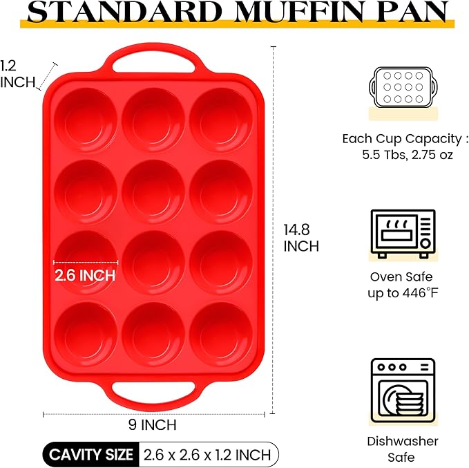 2 Pcs Silicone Muffin Pan for Baking with Metal Frame, Nonstick 12 Cup Regular Size Cupcake Pan, Silicone Muffin Tray for Egg Bites (Red)