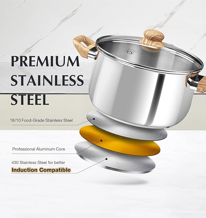 KOCH SYSTEME CS Stainless Steel Pot - 8 Quart Stainless Steel Stock Pot with Visible Lid, Steel Soup Pots with Heat-Resistant Bakelite Double Handle, Dishwasher Safe, Induction Compatible, 8QT