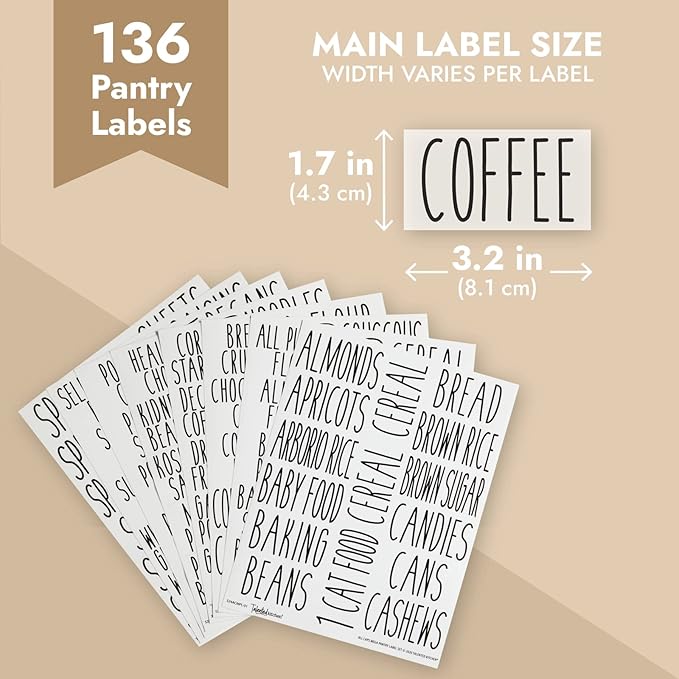 Talented Kitchen 136 Kitchen Sticker Labels for Food Containers - Varied Sizes, Black Text on Clear Background - Waterproof Labels for Jars & Storage