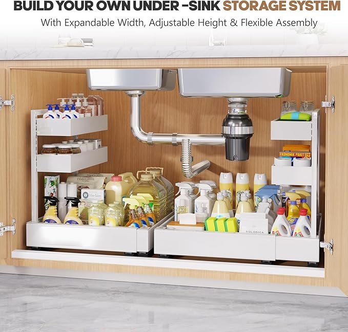 Expandable Under Sink Organizer with 3 Ball-Bearing Slide Rails, 2-Tier Pull-Out Under Cabinet Storage Shelf for Kitchen & Bathroom, Height-Adjustable Slide-Out Cabinet Drawer （White, 1-Pack）