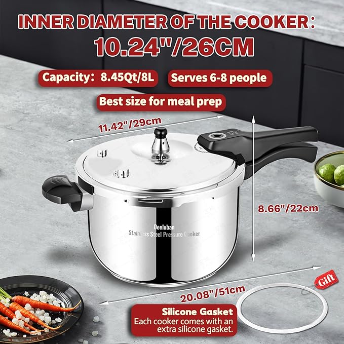 Stainless Steel Pressure Cooker 8 Quart, Stove Top & Induction Compatible, Heavy-Duty Multi-Safety System, Food-Grade for Home Commercial Use, Deeluban