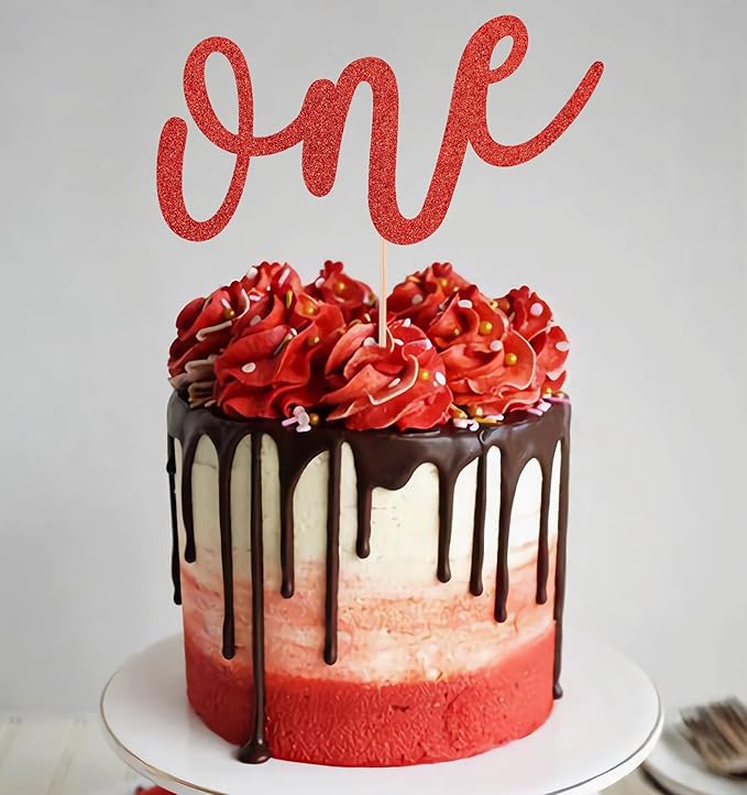 First Birthday Cake Topper - Red Glitter One Cake Decorating Supplies for Girls and Boys, Perfect for Baby Shower/Gender Revealing Party/Baby Party Photo Booth Props