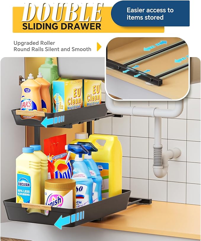 Under Sink Organizer, 2 Tier Adjustable Height Under Sink Organizers and Storage, L-Shaped Slide Out Pull Out Cabinet Organizers for Bathroom Kitchen Pantry (2 Pack, Black)