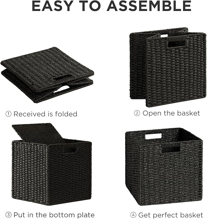 UBBCARE 4 Pack Wicker Basket, 11L×11H×10.5W inch Woven Paper Rope Storage Baskets for shelves, Foldable Cube Storage bin with Handle, Storage Basket for Organizing & Decor, Black