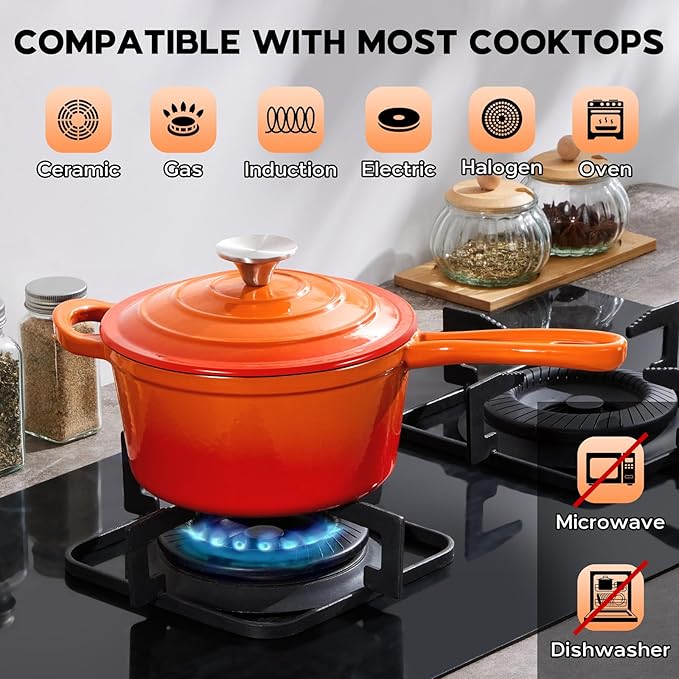 2 Quart Saucepan with Lid, Onader Enameled Cast Iron Sauce Pan, Small Cooking Sauce Pot, Enamel Dutch Oven Pot Nonstick – Sunset Orange