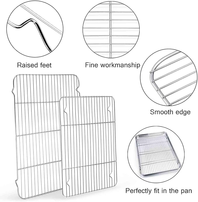TeamFar Baking Sheet with Rack Set, 20’’ & 16’’ & 12½’’, Stainless Steel Cookie Sheet Baking Pans with Cooling Roasting Racks, Non Toxic & Rust Free, Mirror Finish & Dishwasher Safe - 6 Pieces