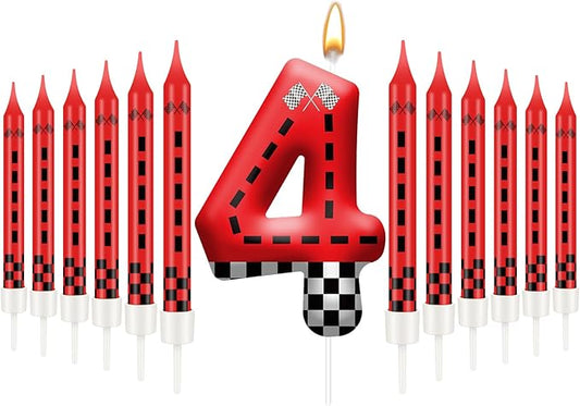 13PCS Racing Car Theme Birthday Candle Set with Checkered Flag Design - Durable Cake Topper for Race Car Party Decorations, Kids Birthday Supplies - Number 4 Candle for Racing-Themed Celebrations