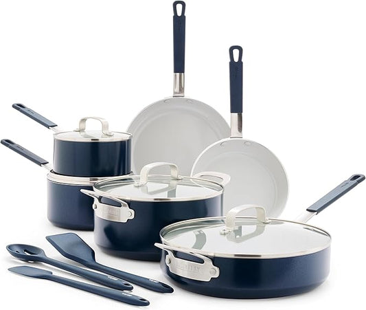 GreenPan x Bobby Flay 13 Piece Nonstick Cookware Pots and Pans Set, PFAS-Free Diamond Ceramic, Induction Suitable, Easy Clean Dishwasher & Oven Safe, Stay-Cool Silicone Handles, Glass Lids, Navy Blue