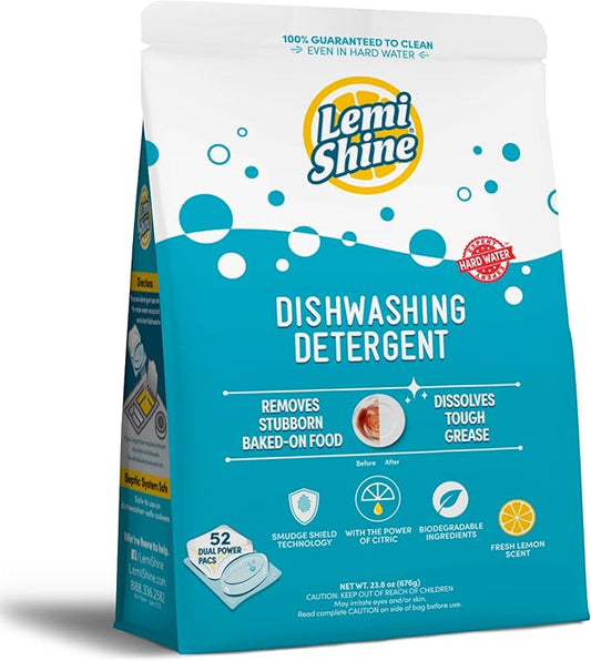 Lemi Shine Natural Dishwasher Pods | All-In-One Powder & Gel Dishwasher Detergent Pods with Powerful Citric Acid | Eco Friendly Dish Wash Cleaning Supplies (52 Count)