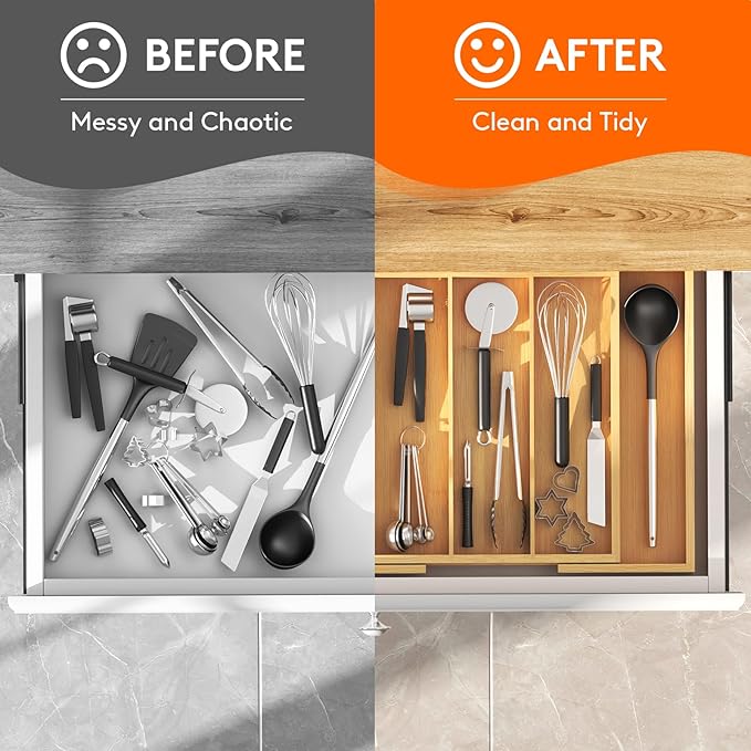 Lifewit Utensil Organizer for Kitchen Drawer, Expandable Cooking Utensil Tray, Bamboo Cutlery Silverware Flatware Holder, Adjustable Spatula Tools and Gadgets Storage Divider, Large, Natural