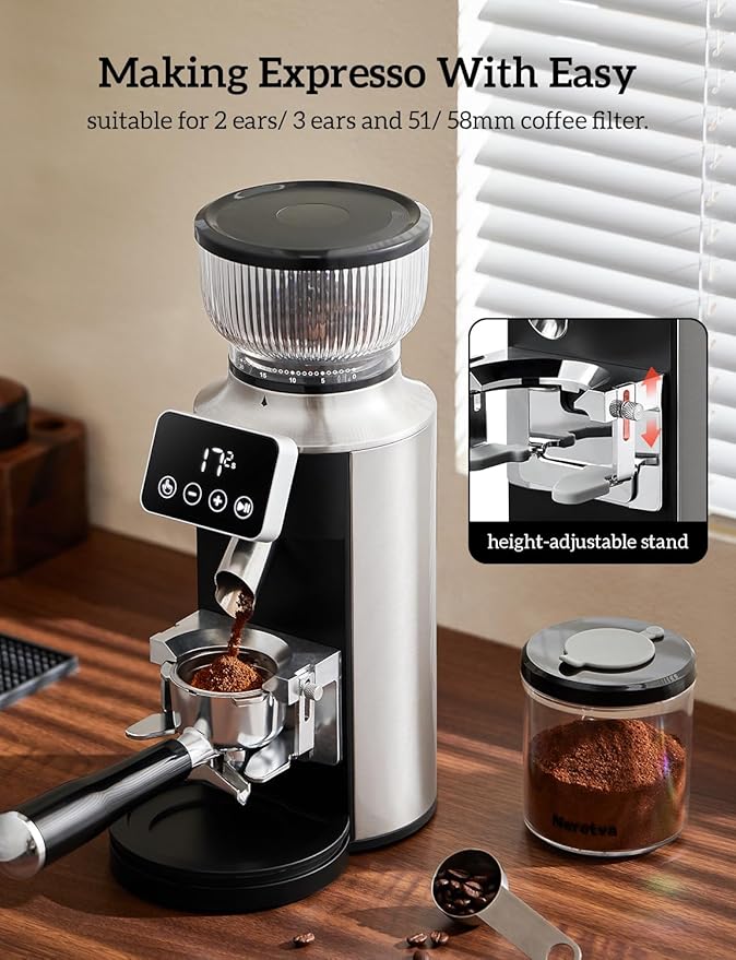 Neretva Burr Coffee Grinder, 2 in 1 Professional Espresso Grinder Stainless Steel Suit 51~58mm Portafilter Coffee Bean Grinder 30 Precise Setting & Anti-Static for Espresso/French Press/Drip/Cold Brew