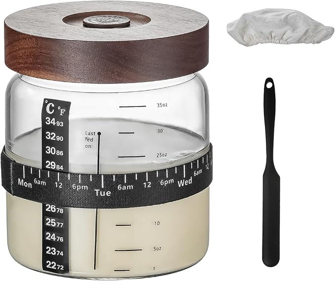 Wissy&Konny Sourdough Starter Jar，Wood Sealed Lid with Automatic Exhaust,35OZ with Ounce Scale Line,Date Marked Feeding Band, Thermometer, Sourdough Jar Scraper,Wide Mouth for Sourdough Bread Baking