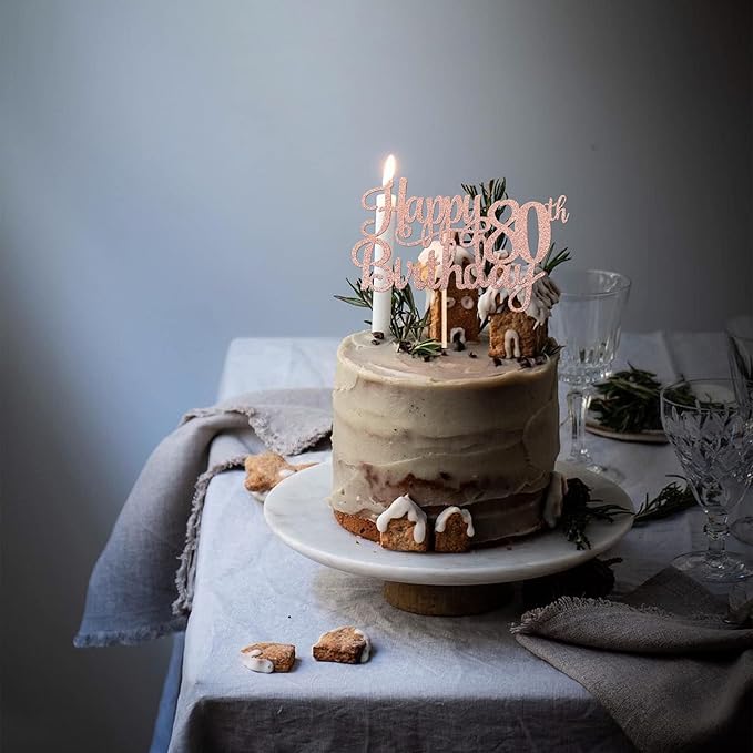 1 PCS Happy 80th Birthday Cake Topper Glitter Cheers to 80 Years Birthday Cake Pick 80 Fabulous Cake Decoration for Happy 80th Birthday Theme Party Decorations Supplies Rose Gold