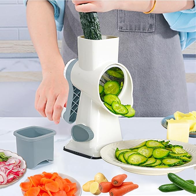 Rotary Cheese Grater Multi-Purpose Stainless Steel Cheese Shredder - Cheese Grater With Handle Effortless Grating of Carrots, Potatoes, Vegetables, and Fruits (White)