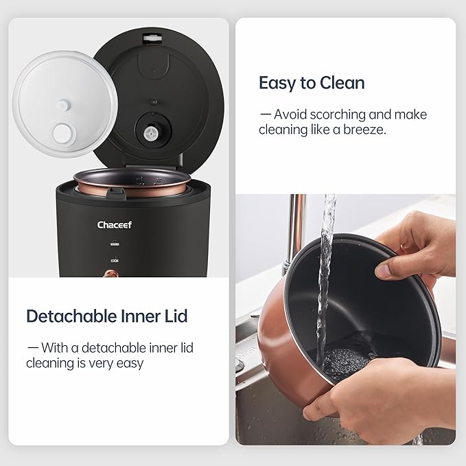 CHACEEF Mini Rice Cooker 2 Cups Uncooked, 1.2L Rice Cooker Small with Non-stick Pot, Portable Travel Rice Maker with One Touch & Keep Warm Function,White Rice, Brown Rice, Oatmeal, Black