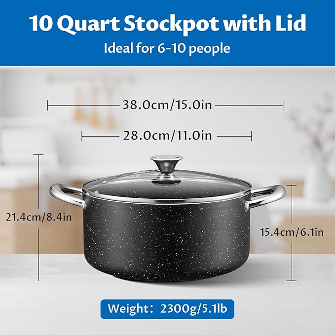BEZIA Large 10 Quart Nonstick Stock Pot with Lid, Induction Cooking Pot Soup Pot, Non-toxic and Oven Safe, Perfect for Stews, Soups and All Stovetops, PFOA PFAS Free