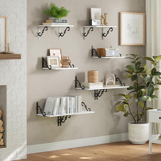 DINZI LVJ Deep Floating Shelves, 16" W x 12" D Wall Shelves Set of 2, Wide Display Shelf Wall Mounted with Brackets, Easy-to-Install Wall Bookshelf for Living Room, Bathroom, Bedroom, White