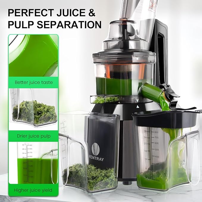 Ventray Cold Press Juicer, 3'' Wide Feed Chute Slow Masticating Juicer Machine for Whole Fruits & Vegetables, 240W Powerful Motor, Easy to Clean, High Juice Yield, BPA Free