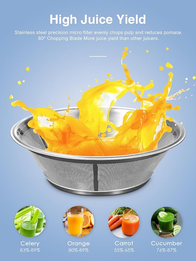 QCen Juicer Machine, 500W Centrifugal Juicer Extractor with Wide Mouth 3” Feed Chute for Fruit Vegetable, Easy to Clean, Stainless Steel, BPA-free (Gold)