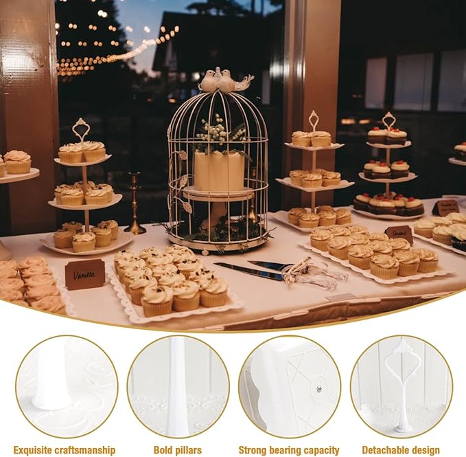 10 Pcs Cake Stand White Plastic Dessert Table Display Set 4 Pcs 3 Tired Cupcake Stand Cookie Tray Rack Serving Tray Cake Display Tower and 6 Pcs Dessert Trays for Wedding Baby Shower Tea Party