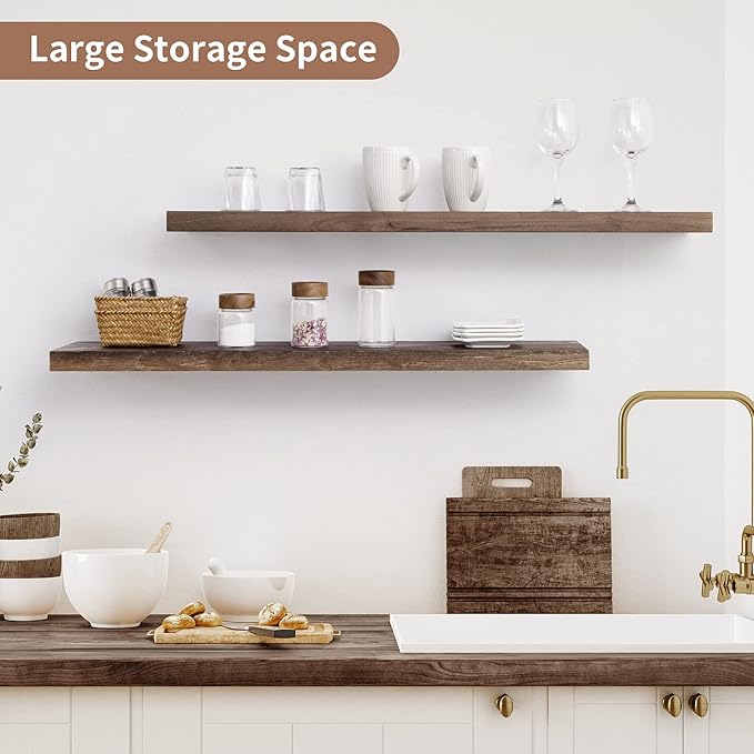 Axeman Floating Shelves for Wall, 8 Inch Deep Rustic Solid Elm Wood Wall Shelves for Storage, Wall Mounted Display Shelving with Invisible Heavy-Duty Metal Bracket, 36'' Width Set of 2, Walnut