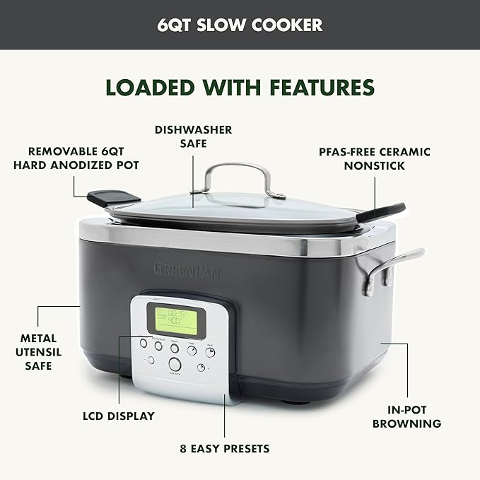 GreenPan Elite 8-in-1 Programmable 6QT Electric Slow Cooker, Dishwasher Safe Lid & Removable Crock, PFAS-Free Healthy Ceramic Nonstick Multi-Cooker, Sear,Sauté/Brown,Steam Basket,Roast, Graphite